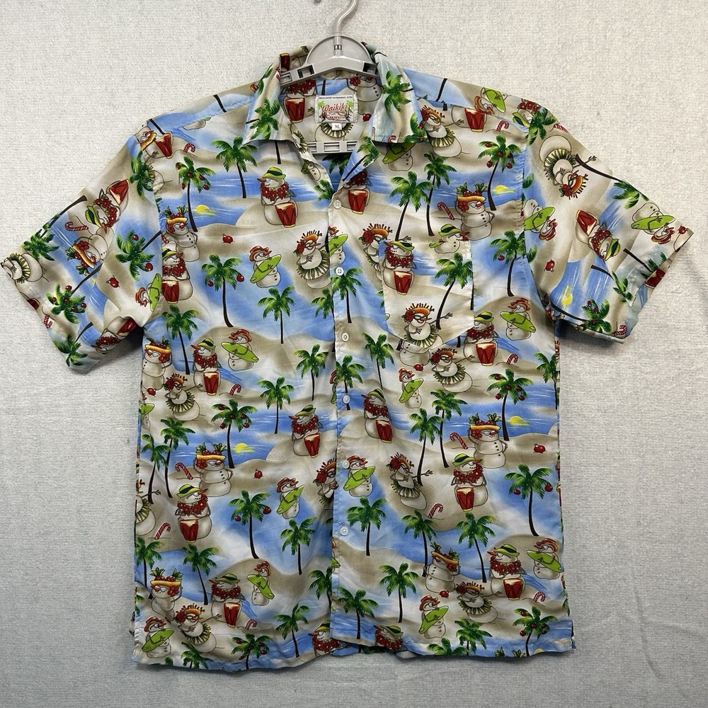 Waikiki Creations Hawaiian Christmas Shirt Frosty Snowman Hula Surfs Up‎ Medium